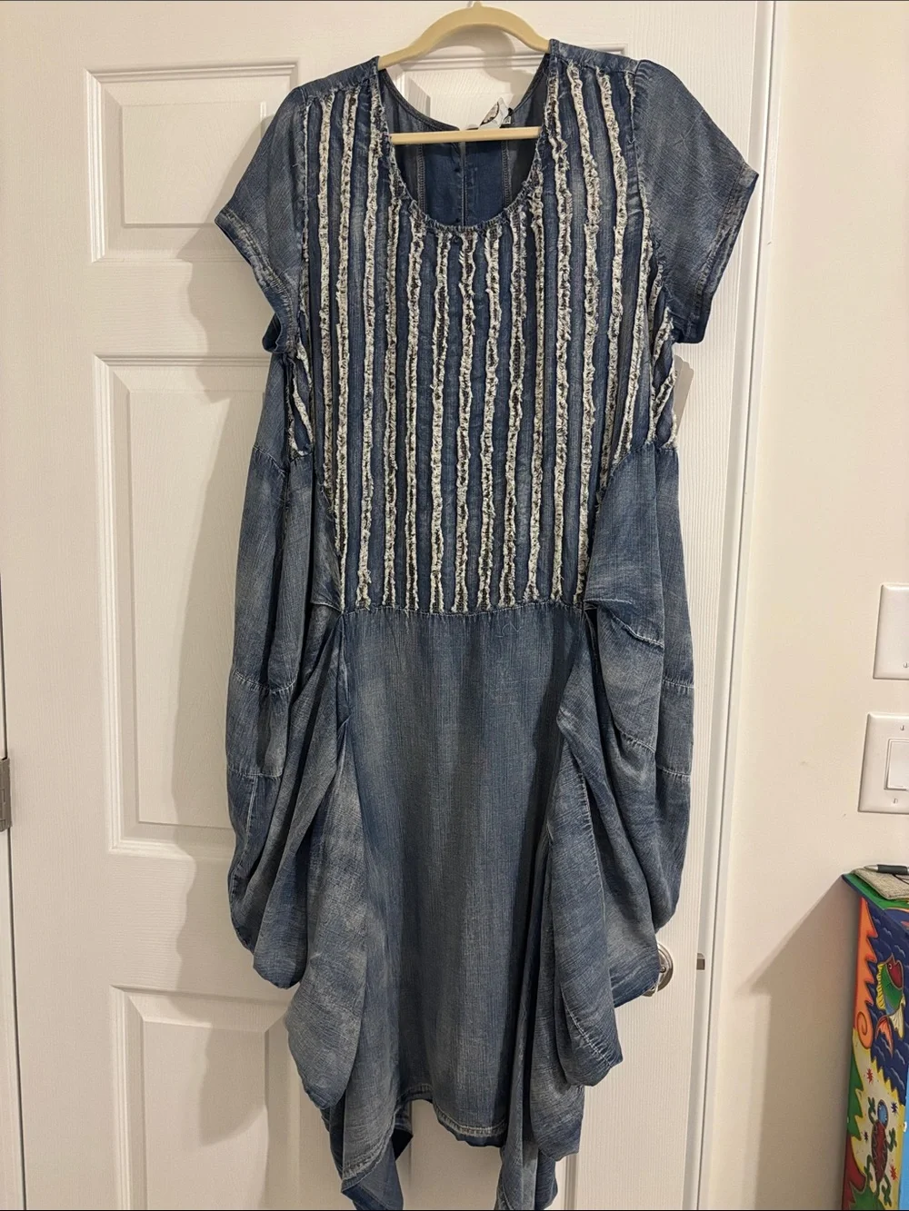 Blue Textured Boho Tunic Dress with Stripe Detail - Picture 2 of 11